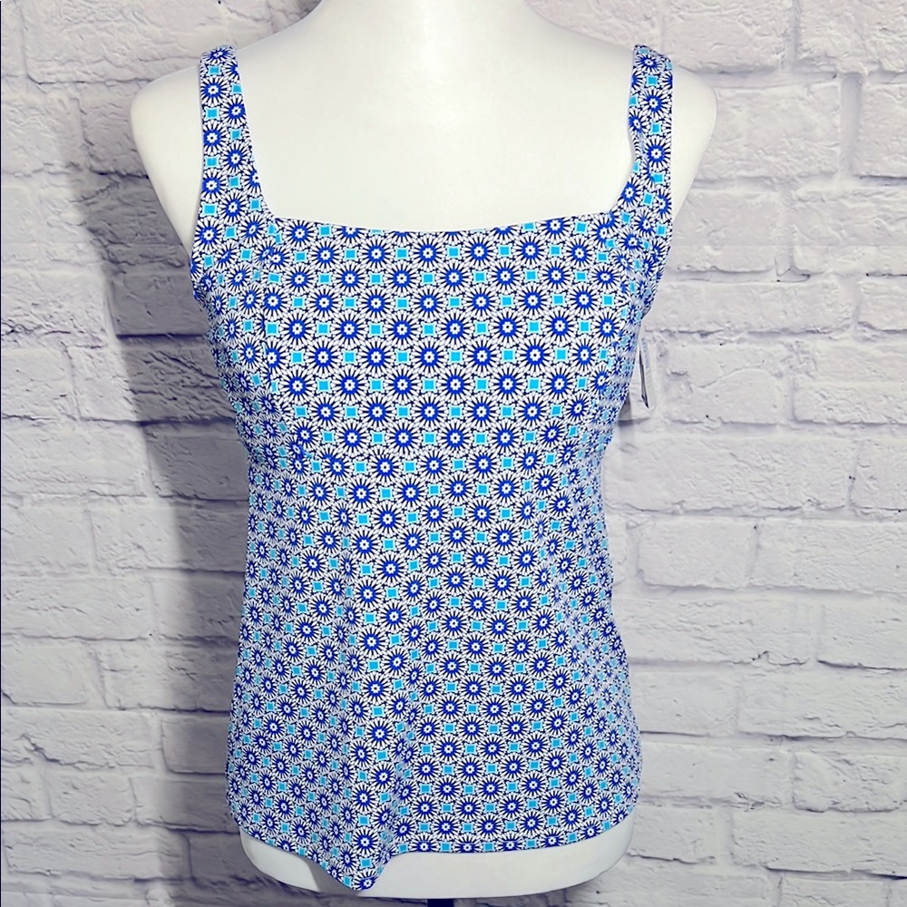 Lands’ End Patterned Tankini Top Swimwear Women’s Size 6 Blue & White